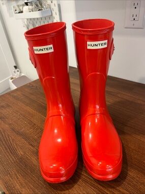 Hunter Women's Short Shinny orangeWaterproof Rain Boots with Side Buckle